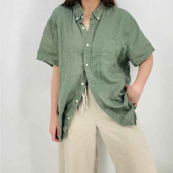 SOLD j. crew linen cotton blend sage green button down shirt top slim xxl - Picture 5 of 11